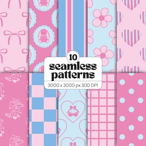 Coquette Seamless Pattern Bundle, Rosa Blå Digitalt Papper, Rosetter Kaniner Hjärtan Blommiga Flickbakgrunder
