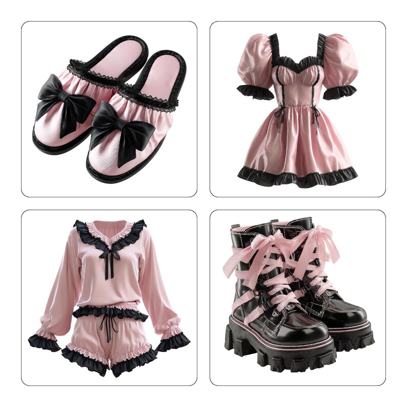 May include: A collection of pink and black sleepwear and footwear. Includes a pair of pink satin slippers with black bows, a pink dress with puff sleeves, a pink pajama set with shorts, and black platform boots with pink ribbons.
