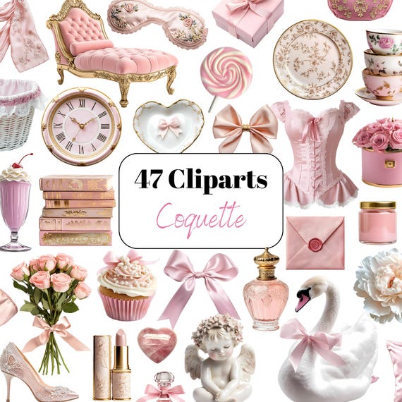 Pink Coquette Clipart PNG, Vintage Illustrations (Digital Download)