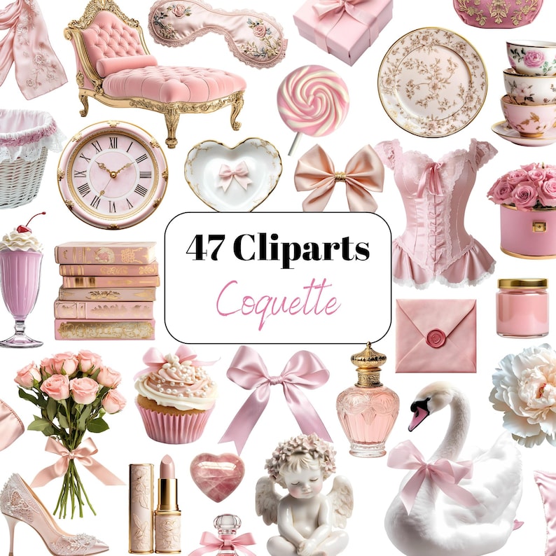 May include: A collection of pink and gold-toned clipart elements, including a chaise lounge, clock, teacups, and a swan with a pink bow. The image includes the text "47 Cliparts Coquette."