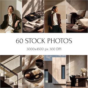 Può includere: Una collezione di foto stock lifestyle con varie scene. Le immagini includono una persona con un blazer marrone, un giradischi, caffè, macarons ed elementi architettonici. Il testo sull'immagine recita "60 STOCK PHOTOS 3000x4500 px 300 DPI."