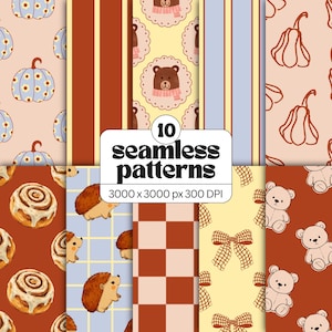 Mysigt höstmönsterpaket med sömlösa mönster, 10 höstdesigner, pumpor, nallebjörnar, rosetter, digitalt papper