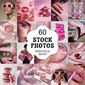 Puede incluir: Un collage de imágenes con temática rosa, que incluye una mujer con gafas de sol, besos de lápiz labial en vidrio, chocolate rosa, uñas manicuradas, zapatos de plataforma, un cóctel, un osito de goma, un coche, macarons, velas y el texto "60 STOCK PHOTOS".