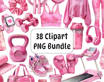 Pink Gym Clipart PNG Bundle, Watercolor Fitness Illustrations