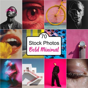 Könnte beinhalten: Eine Collage von neun Bildern mit einer kühnen und minimalistischen Ästhetik. Die Bilder zeigen eine Person mit rosa Augen-Make-up, eine Nahaufnahme eines roten Auges, ein gelbes Fahrradrad, eine Strichzeichnung eines Gesichts, einen Mund mit rotem Lippenstift, ein Schild mit der Aufschrift "70 Stock Photos Bold Minimal", ein Skateboard, ein verschwommenes Bild einer Person, ein weißes Gebäude mit roten Treppen, eine Person in schwarzer Kleidung und eine Nahaufnahme eines Auges mit Glitzer.