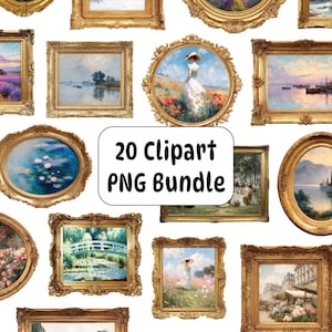 Può includere: Una collezione di 20 dipinti incorniciati, paesaggi e ritratti, in cornici dorate ornate. I dipinti presentano scene della natura, figure e arte impressionista. Un rettangolo bianco al centro recita "20 Clipart PNG Bundle."