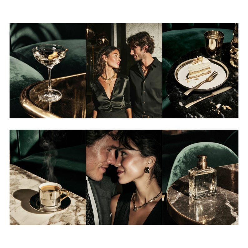 May include: A collage of images featuring a sophisticated theme. A martini with olives, a couple in formal attire, a slice of cake, a cup of coffee, and a perfume bottle are displayed. Gold and emerald green accents create a luxurious ambiance.