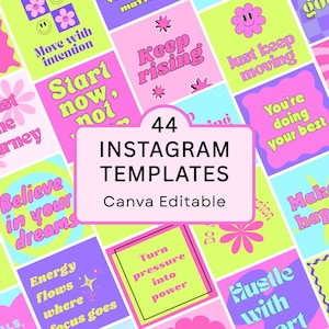 44 Bright Instagram Templates Canva – Editable Motivational Quotes for Reels, Coaches, Self Growth, Colorful Aesthetic Social Media Bundle,