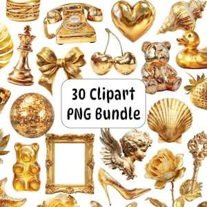 May include: A selection of 30 gold-coloured clipart images, including a telephone, heart, cherries, teddy bear, and high heel. The images are arranged on a white background, with the text "30 Clipart PNG Bundle".