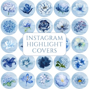 40 Blue Watercolor Flower Instagram Highlight Covers, Aesthetic Story Icons, IG Story Icons, Botanical Highlight Cover Icons, Blue Icons