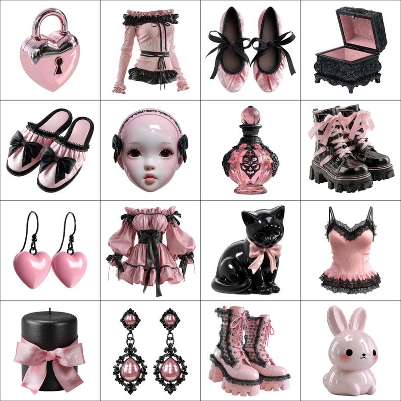 May include: A collection of pink and black gothic-themed items. Includes a heart-shaped lock, a top with ruffles, ballet flats, a jewelry box, slippers, a doll head, a perfume bottle, combat boots, heart earrings, a dress, a cat figurine, a camisole, a candle, earrings, and a bunny figurine.