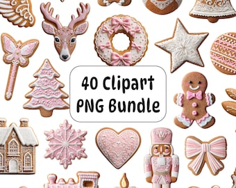 40 Pink Gingerbread Christmas Clipart PNG Bundle, Cookies, Holiday Icing Illustrations, Digital Stickers
