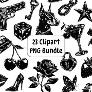 May include: Black and white clipart bundle featuring a variety of illustrations. Includes a handgun, key, dog, dice, cassette tape, cherries, high heel, martini glass, heart-shaped lock, rose, butterfly, and star. The text "23 Clipart PNG Bundle" is displayed.