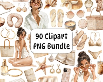 Neutral Summer Watercolor Clipart, Beach Fashion Illustrations (90 PNGs)