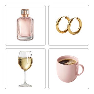 May include: A square perfume bottle with a gold cap, two gold hoop earrings, a glass of champagne, and a pink coffee mug filled with coffee. The items are arranged in a 2x2 grid on a white background.