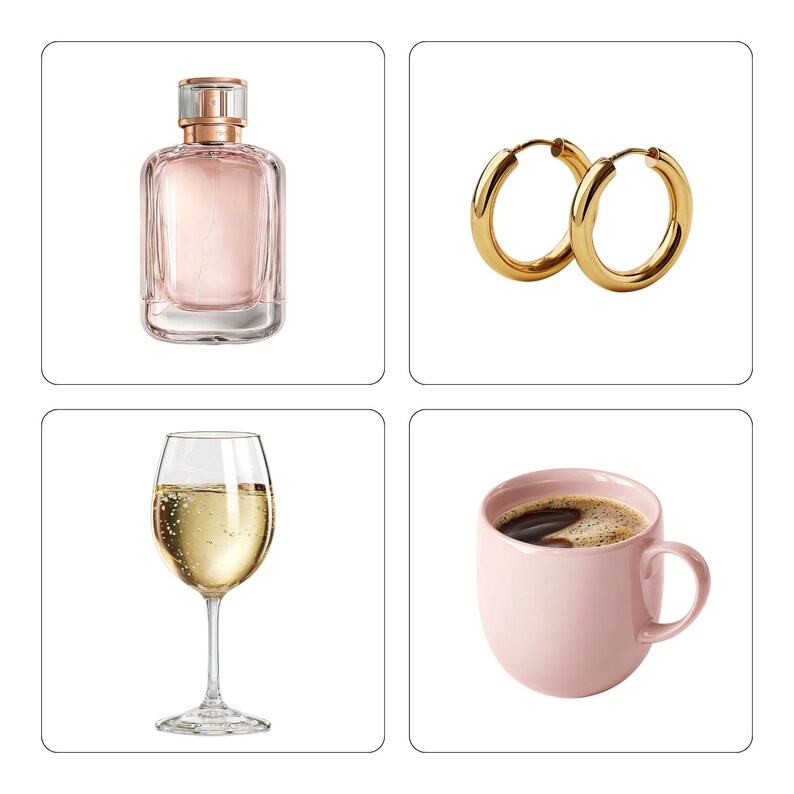 May include: A square perfume bottle with a gold cap, two gold hoop earrings, a glass of champagne, and a pink coffee mug filled with coffee. The items are arranged in a 2x2 grid on a white background.