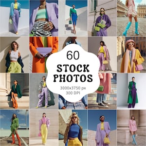 Op de afbeelding: Een collage van 16 mode-stockfoto's. De afbeeldingen tonen verschillende outfits in levendige kleuren, waaronder blazers, broeken en jurken. De tekst "60 STOCK PHOTOS" wordt weergegeven in een witte bubbel, samen met resolutie details.