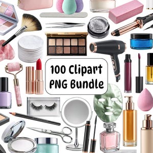 Könnte beinhalten: Eine Sammlung von Schönheits- und Make-up-Produkten, darunter Lidschattenpaletten, Lippenstifte, ein Haartrockner und eine Gesichtsmaske. Der Text "100 Clipart PNG Bundle" ist enthalten.