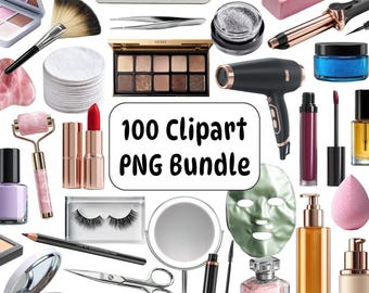 100 Beauty Clipart PNG Bundle, Makeup Skincare Hair Tools, Cosmetic Stickers, Girly Graphics