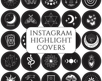 Puede incluir: Un conjunto de portadas destacadas de Instagram en blanco y negro con diseños místicos y celestiales. Los diseños incluyen un ojo, cristales, una polilla, una bola de cristal, cartas del tarot y el texto "INSTAGRAM HIGHLIGHT COVERS".