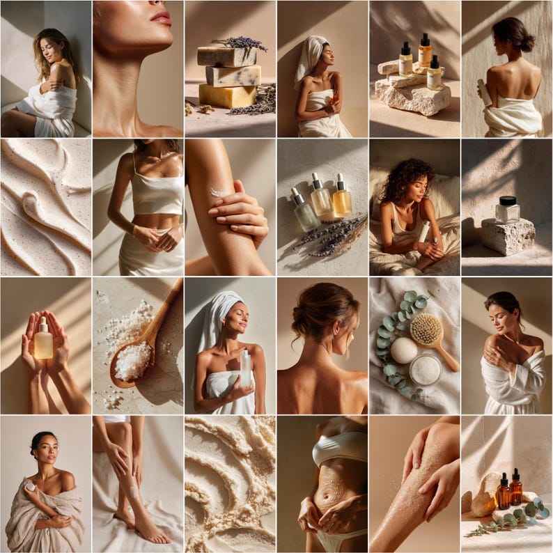 May include: A collage of images showcasing skincare products and self-care routines. Includes close-ups of soaps, oils, scrubs, and people applying products. The color palette is soft, with warm tones and natural lighting.