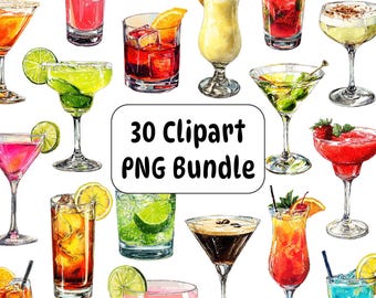 Paquete de imágenes prediseñadas de cócteles en acuarela, ilustraciones de bebidas dibujadas a mano (PNG)
