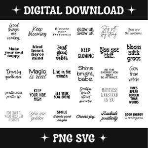 Positive Quotes SVG PNG Bundle, Motivational Quotes, Inspirational Sayings Clipart for Cricut, T-Shirt Designs, Stickers, Digital Wall Art