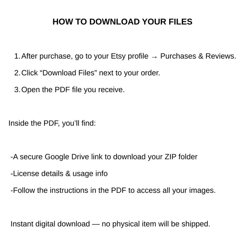 May include: White text on a white background provides instructions on how to download files after an Etsy purchase. The text includes steps to access the files, including a Google Drive link and license details.