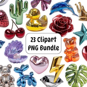 Chrome 3D Clipart PNG-paket, metalliska klistermärken, kawaii-grafik (digital nedladdning)