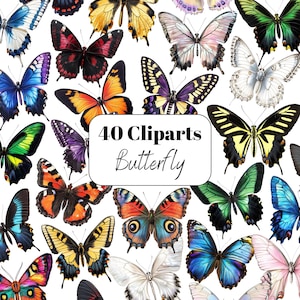40 Butterfly Clipart PNG, Watercolor Butterflies Clipart Bundle, Sublimation, Watercolor Butterflies, Digital Download, Commercial Use