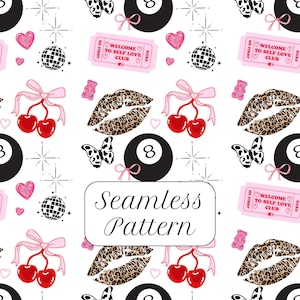 May include: Seamless pattern with various illustrations on a white background. The design includes red cherries with pink bows, leopard print lips, black and white butterflies, pink hearts, disco balls, and eight balls. The text "Seamless Pattern" is also present.
