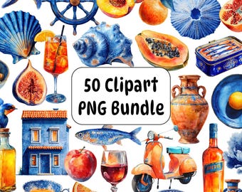 Mediterranean Watercolor Clipart Bundle: Italian Summer, Coastal Decor (PNG)