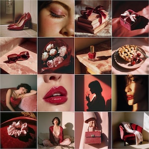 May include: A collection of red-themed images. Features include red high heels, an eye with red eyeshadow, books tied with a red ribbon, a velvet jewellery box, sunglasses, a flower bouquet, nail varnish, a pie, a woman, lips, a silhouette, a scrunchie, a woman in pyjamas, and a handbag.