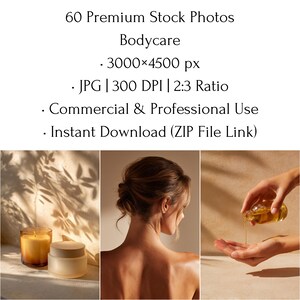 May include: A collection of bodycare stock photos. The image includes a lit candle, a jar of cream, a woman's back, and a hand pouring oil. The text reads: "60 Premium Stock Photos Bodycare".