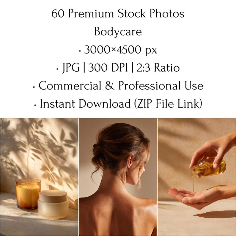 May include: A collection of bodycare stock photos. The image includes a lit candle, a jar of cream, a woman's back, and a hand pouring oil. The text reads: "60 Premium Stock Photos Bodycare".