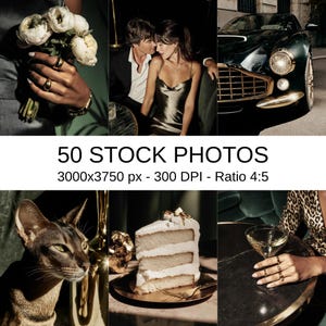 May include: A collage of images featuring a bouquet of white flowers, a couple, a vintage car, a cat, a slice of cake, and a person holding a cocktail. The text "50 STOCK PHOTOS" is displayed with resolution and ratio details.