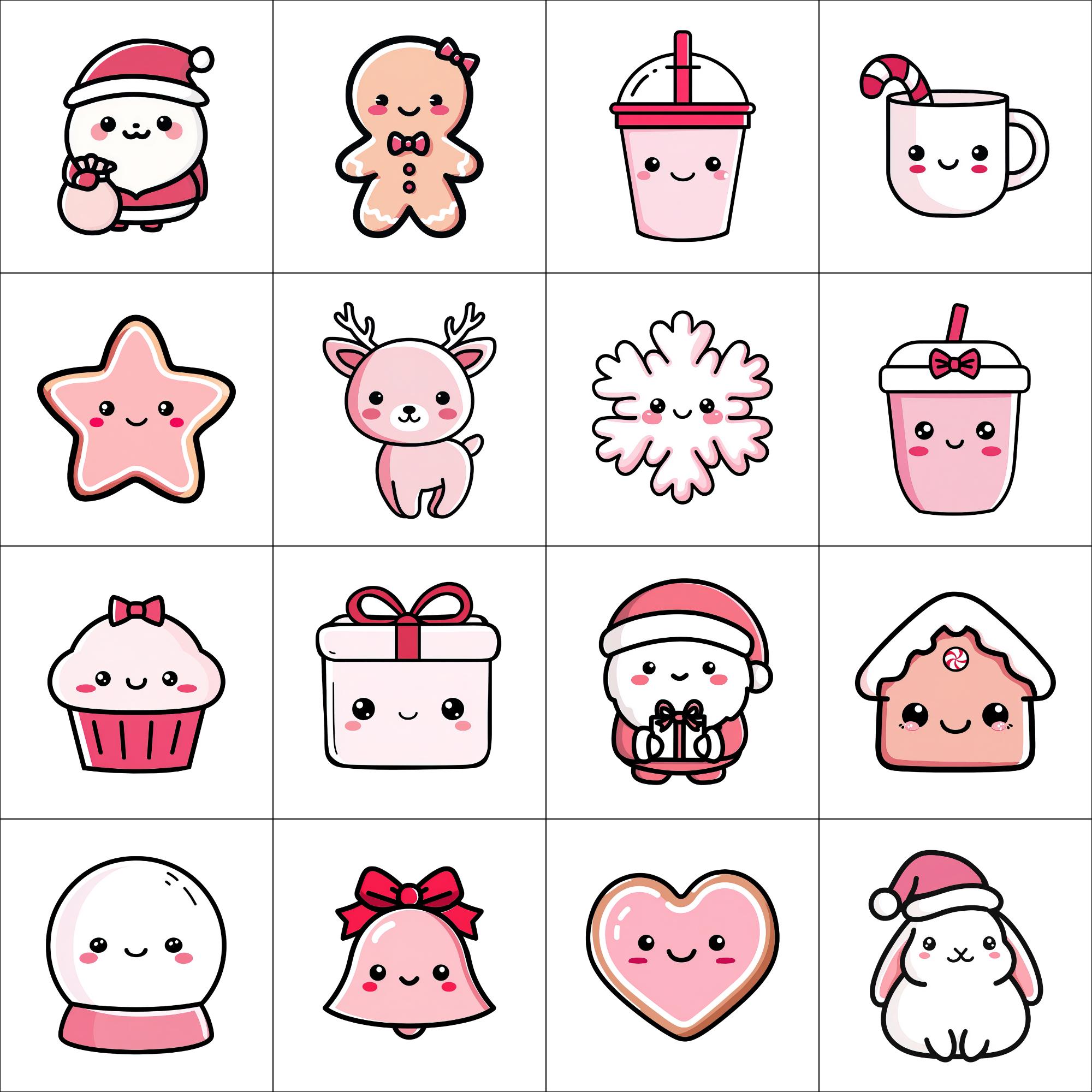 60 Kawaii Christmas Clipart PNG Bundle, Pink Red White Holiday Winter ...