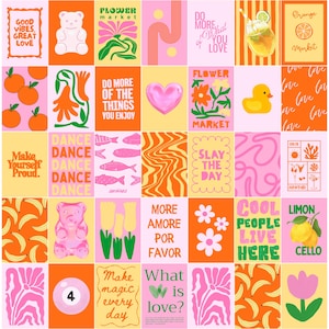 Puede incluir: Un collage de coloridos estampados cuadrados con varios diseños. Algunos estampados presentan texto como "Good Vibes, Great Love" y "Do More of the Things You Enjoy". Otros muestran imágenes de un osito de goma, naranjas y un patito de goma.