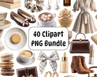 Neutral Beige Clipart PNG Bundle, Cottagecore Fashion Graphics (Digital Download