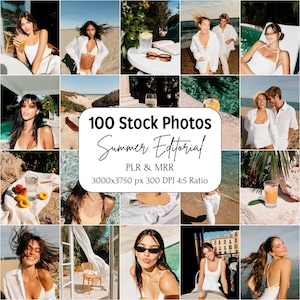 Könnte beinhalten: Eine Collage von 16 Stockfotos mit Sommerthema. Die Bilder zeigen Menschen in weißer Kleidung, Getränke und Strandszenen. Der Text auf dem Bild lautet "100 Stock Photos Summer Editorial PLR & MRR 3000x3750 px 300 DPI 4:5 Ratio."