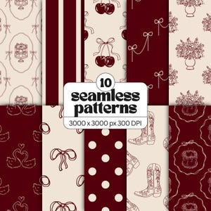 May include: A collection of 10 seamless patterns featuring dark red and cream designs. Motifs include cakes in frames, vertical stripes, cherries, bows, floral vases, swans, polka dots, and cowboy boots with the text 10 seamless patterns.