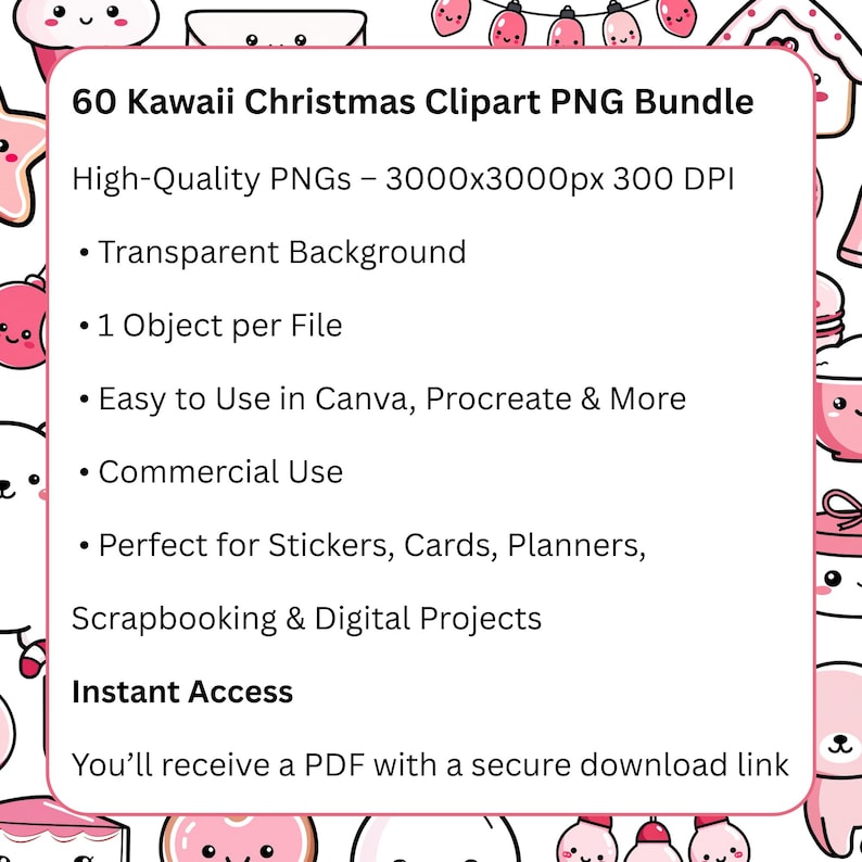 60 Kawaii Christmas Clipart PNG Bundle, Pink Red White Holiday Winter ...