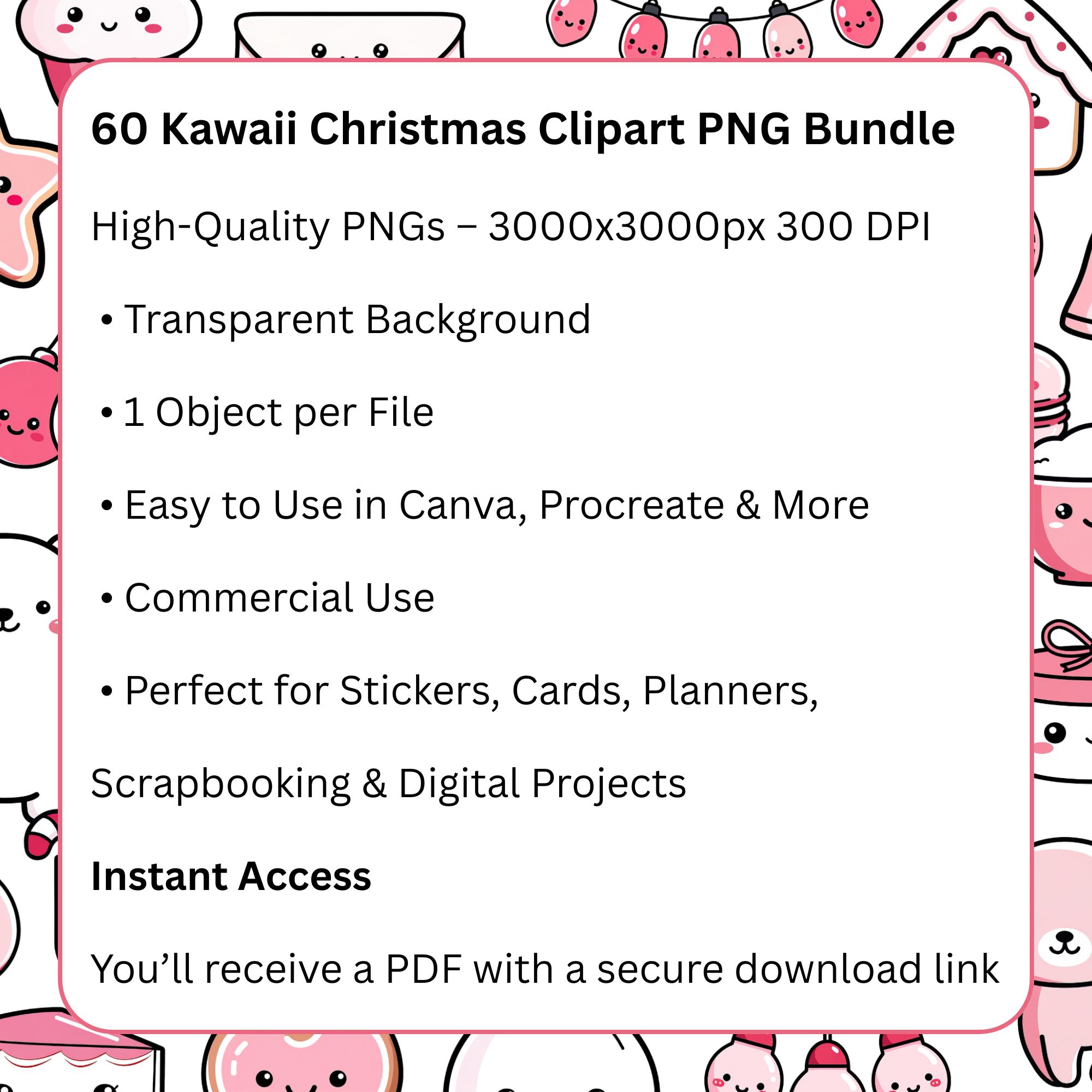 60 Kawaii Christmas Clipart PNG Bundle, Pink Red White Holiday Winter ...