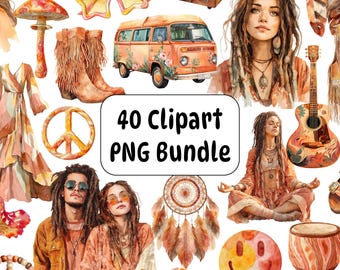 40 Hippie Watercolor Clipart PNG Bundle, Boho 70s, Retro Hippie Lifestyle Elements, Digital Stickers