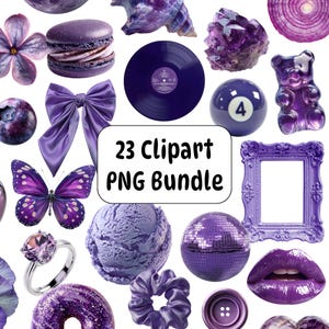 Peut inclure: Une collection d'images clipart sur le thème du violet, comprenant un papillon, un nœud, un disque vinyle, un ours en gélatine, une bague et un cadre. Le texte "23 Clipart PNG Bundle" est affiché dans un rectangle blanc.
