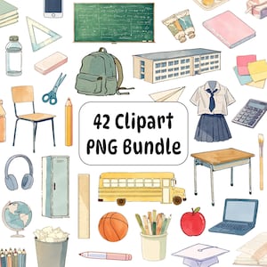Könnte beinhalten: Aquarell-Illustration von 42 Clipart PNG-Elementen. Das Bild zeigt Schulsachen wie einen Rucksack, einen Schulbus, einen Schreibtisch, einen Bleistift, einen Apfel und eine Schuluniform. Der Text "42 Clipart PNG Bundle" ist sichtbar.