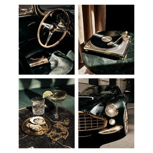 May include: A collage of luxury items: a classic car, a record player, a cocktail with oysters, and a steering wheel. The car is dark green with gold accents. The record player is silver and gold. The cocktail has a lemon garnish.