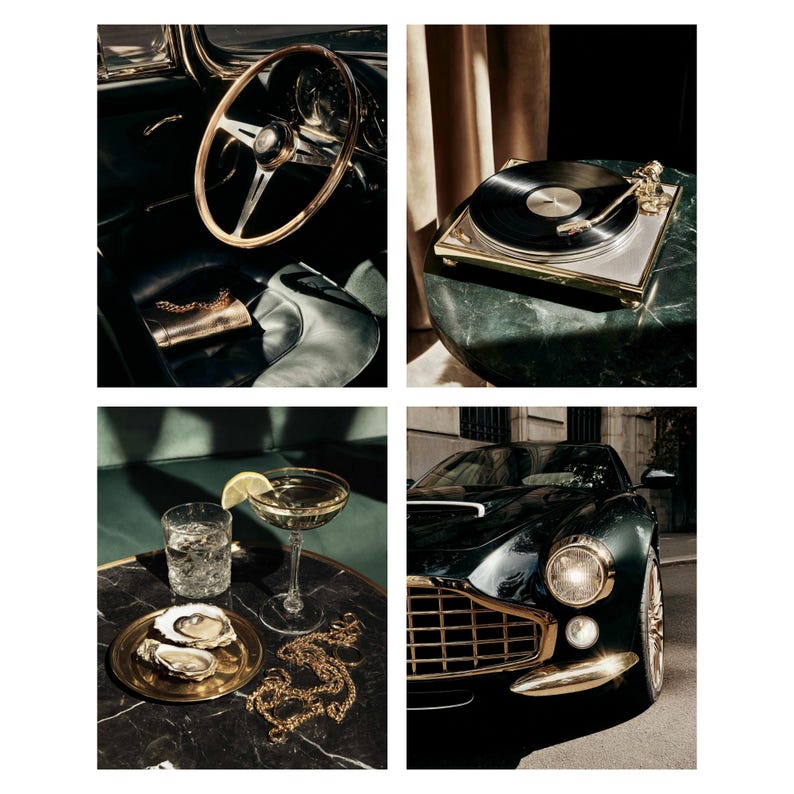 May include: A collage of luxury items: a classic car, a record player, a cocktail with oysters, and a steering wheel. The car is dark green with gold accents. The record player is silver and gold. The cocktail has a lemon garnish.