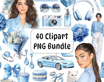 May include: A collection of blue-themed clipart images, including a car, sunglasses, a camera, a dog, a cat, a bouquet of flowers, and a variety of accessories. The text "40 Clipart PNG Bundle" is displayed in a white box.