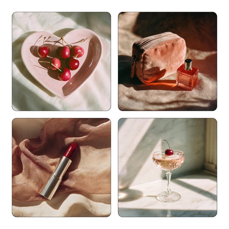 May include: A selection of beauty and lifestyle products. A pink heart-shaped dish contains fresh cherries. A small, peach-coloured velvet cosmetic bag and a perfume bottle are on a textured surface. A tube of red lipstick rests on a silk scarf. A cocktail glass with a cherry garnish.